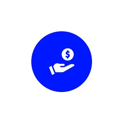 Hand holding a coin with a dollar sign inside a blue circle.