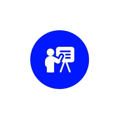 Blue icon of a person presenting at a board.
