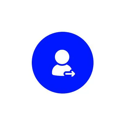 Blue circular icon with a white person silhouette and an arrow pointing right.