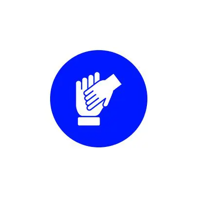 A blue circular sign with a white hand-washing symbol.