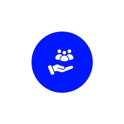 Blue icon showing a hand holding three people symbols.