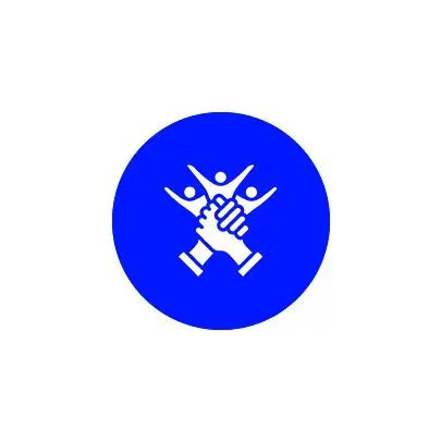 Blue circular logo with two stylized hands shaking, symbolizing partnership.