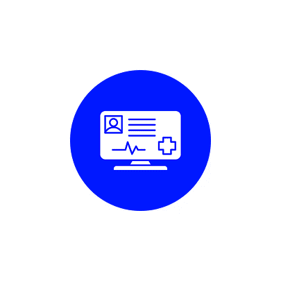 Blue circular icon with a medical computer screen illustration.