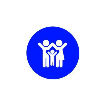 Blue circle with white family icon of two adults and one child raising hands.