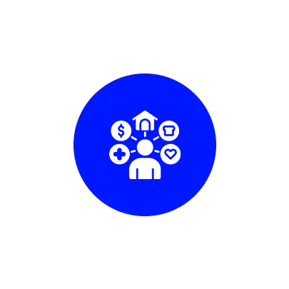 Blue icon showing a person with interconnected healthcare symbols.
