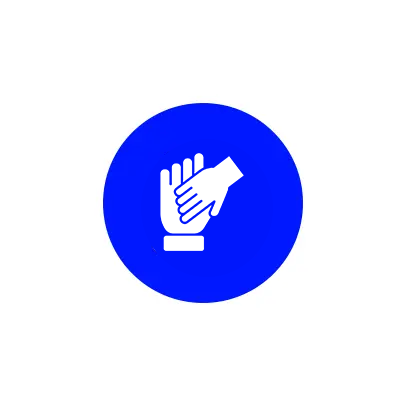 Blue circular sign with hand sanitizer symbol.