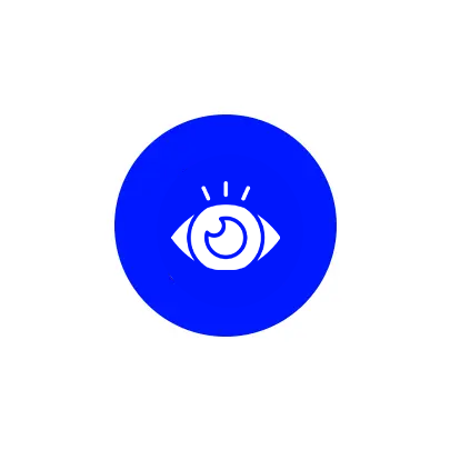 Blue circle with a white eye symbol and three lines above it.