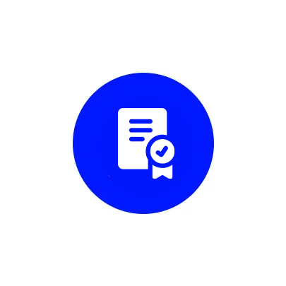 Blue icon with a certificate and checkmark symbol.