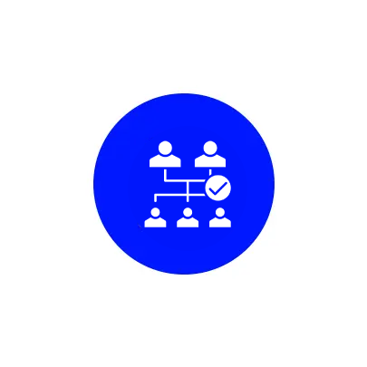 Blue icon showing hierarchical organization with a clock symbol.